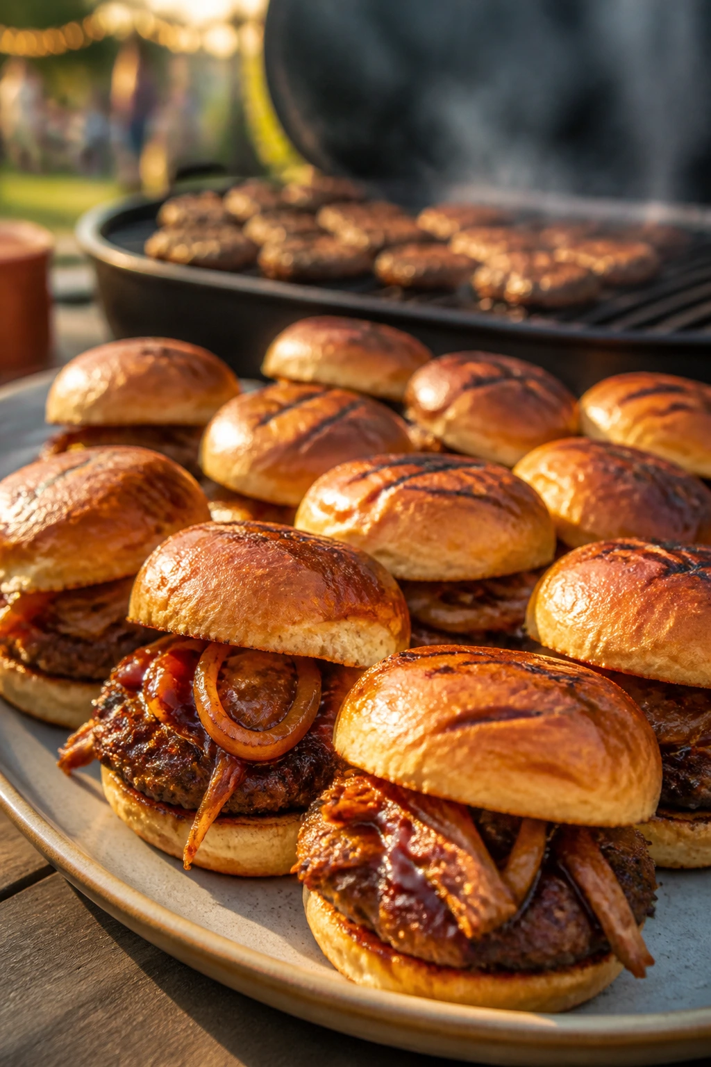 Close-up of grill-ready slider platter on rustic board in backyard