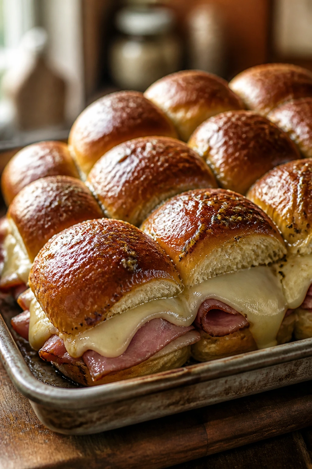 Close-up of glossy ham and cheese sliders with brown sugar glaze on a baking tray in a warm kitchen