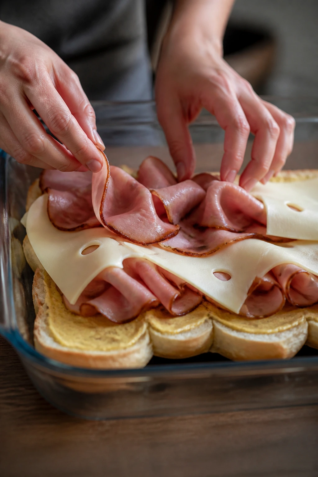 Close-up of layered ham and Swiss cheese on a slider bottom slab in a baking dish