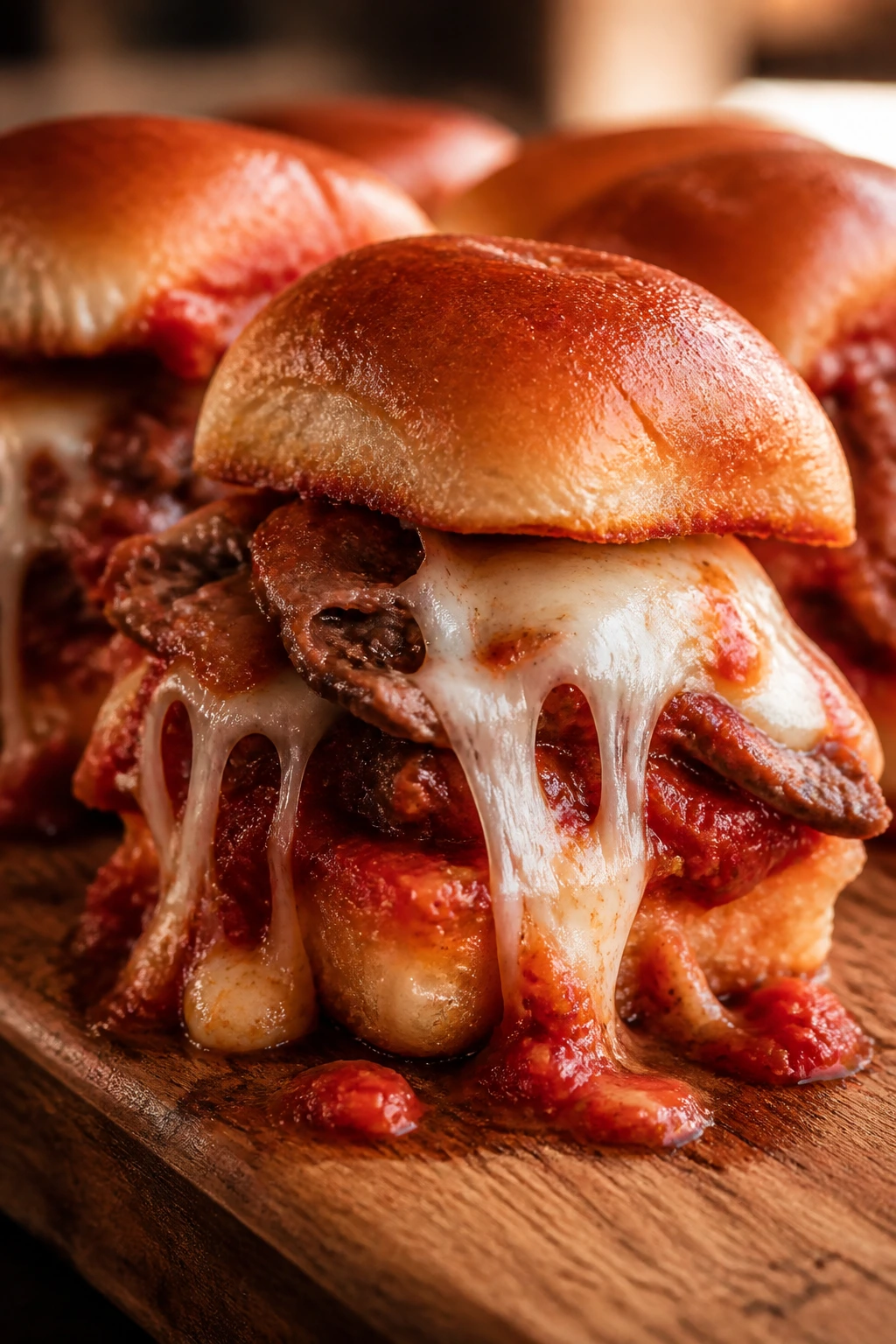 Close-up of pizza-shop style marinara sliders with melted mozzarella on a rustic board