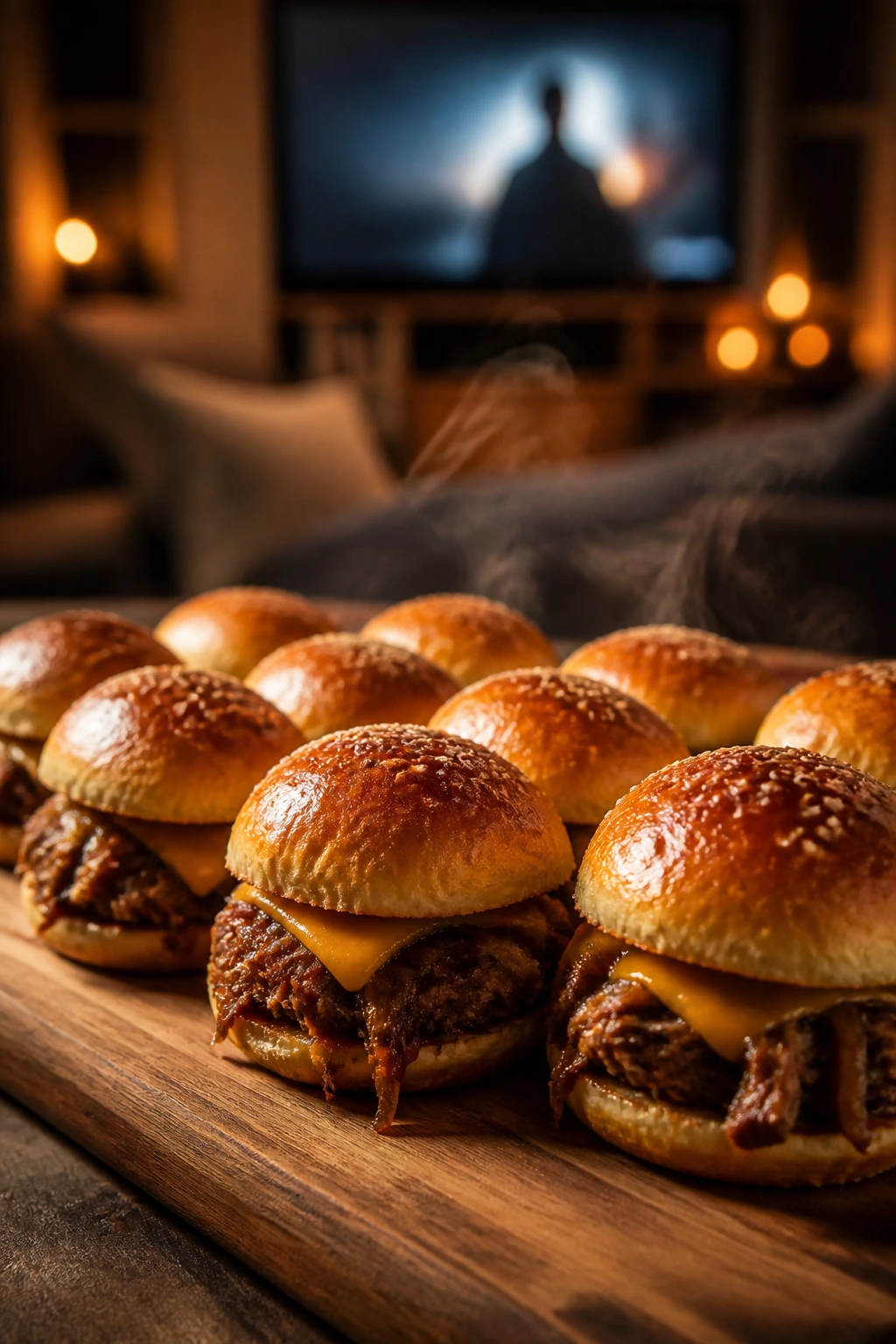 Close-up of sliders on a serving board ready for movie night