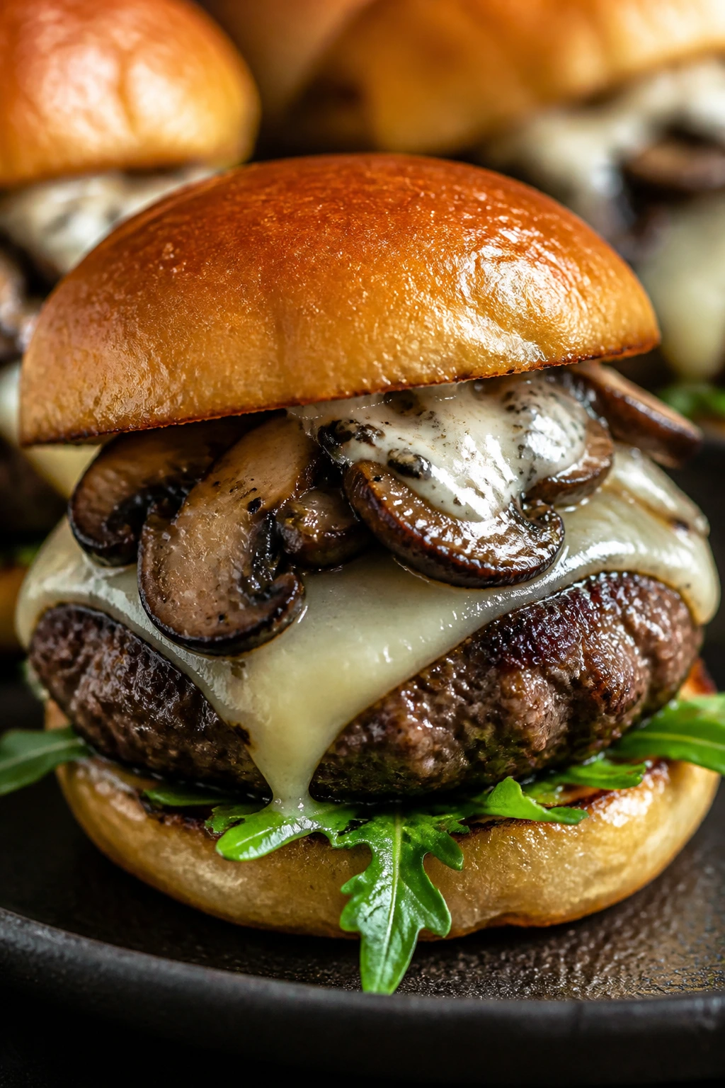 Close-up of Truffle Mushroom Sliders with mushrooms, arugula, and fontina.