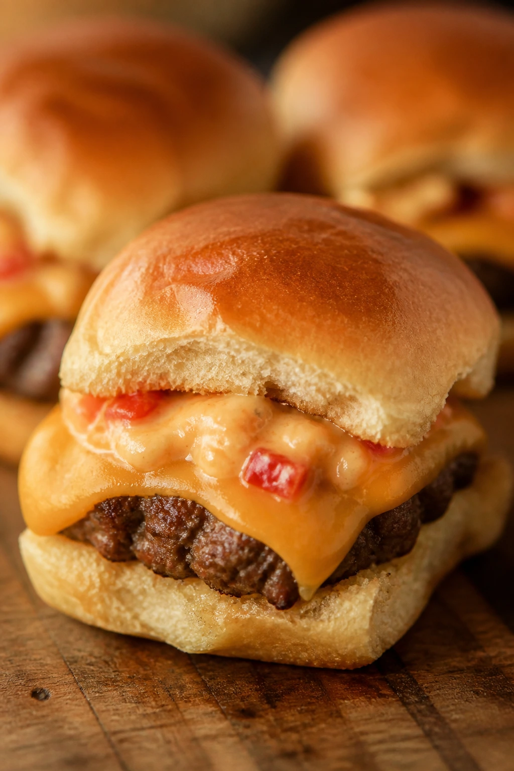 Close-up of Pimento Cheese Cheeseburger Sliders with pimento cheese melt