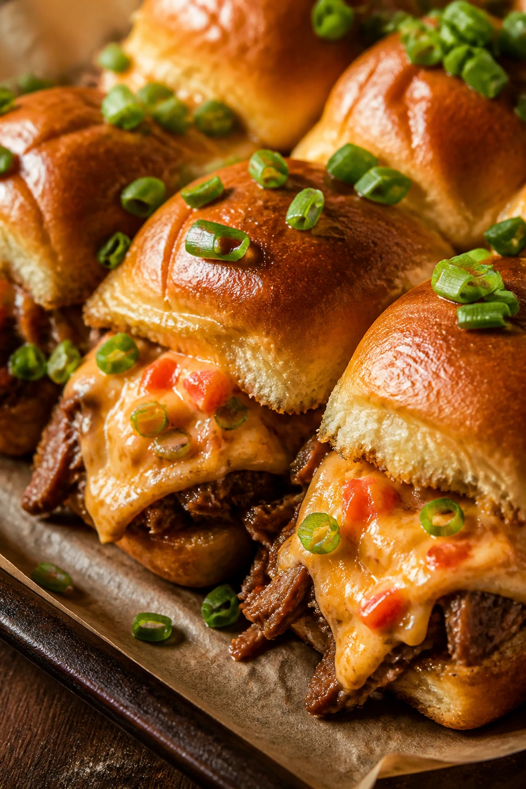 Close-up of pimento cheese sliders with scallions on a wooden surface