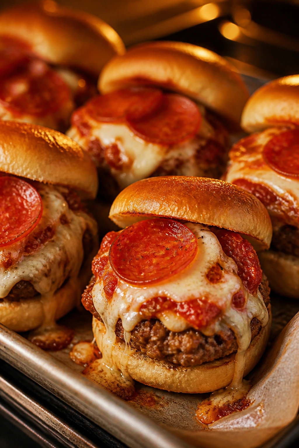 Close-up of Pizza Cheeseburger Sliders with marinara, mozzarella, and pepperoni