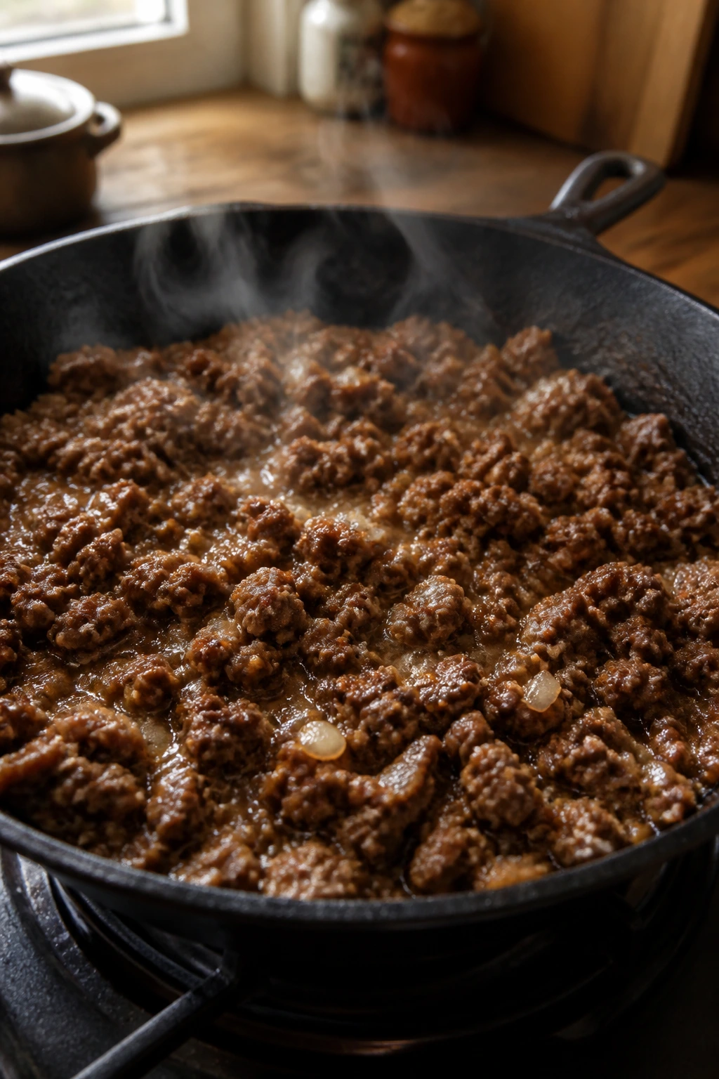 Close-up of beef filling in a skillet being reheated in a rustic kitchen.