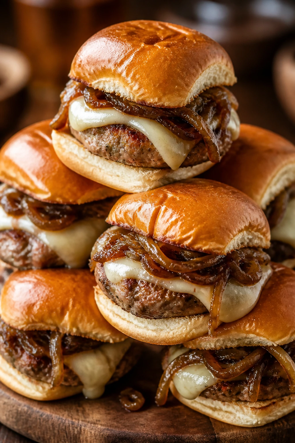Close-up of caramelized onion sausage sliders on a wooden board