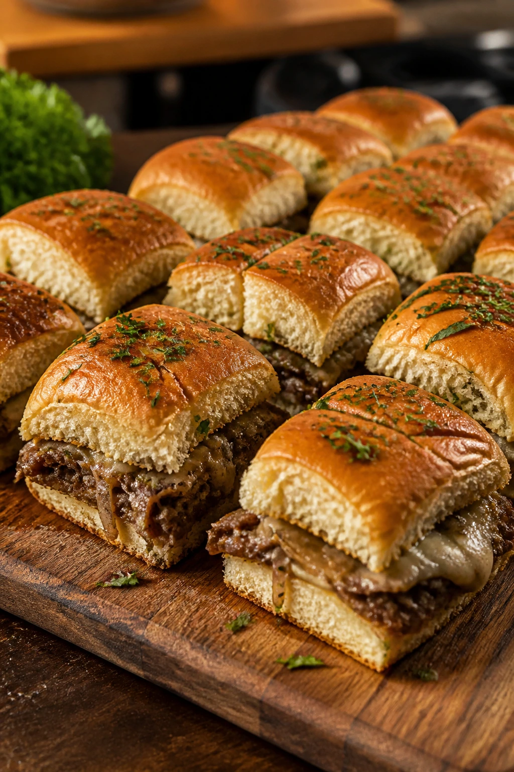 Sliders neatly served on a wooden board