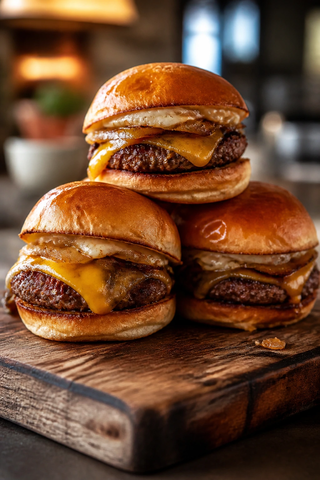 Close-up of juicy sliders on a wooden board.