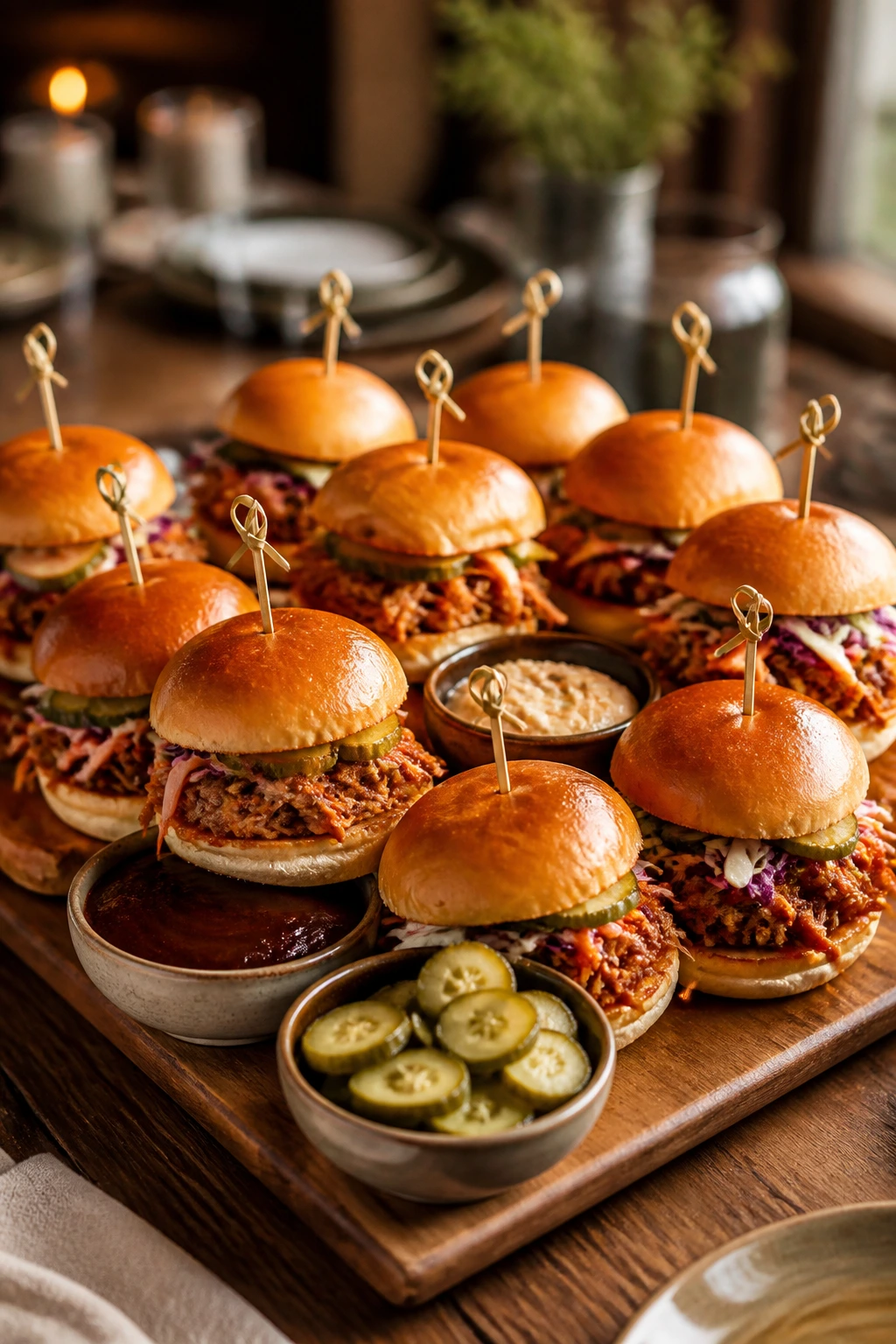 Stacked pork sliders on wooden board with sauces for serving