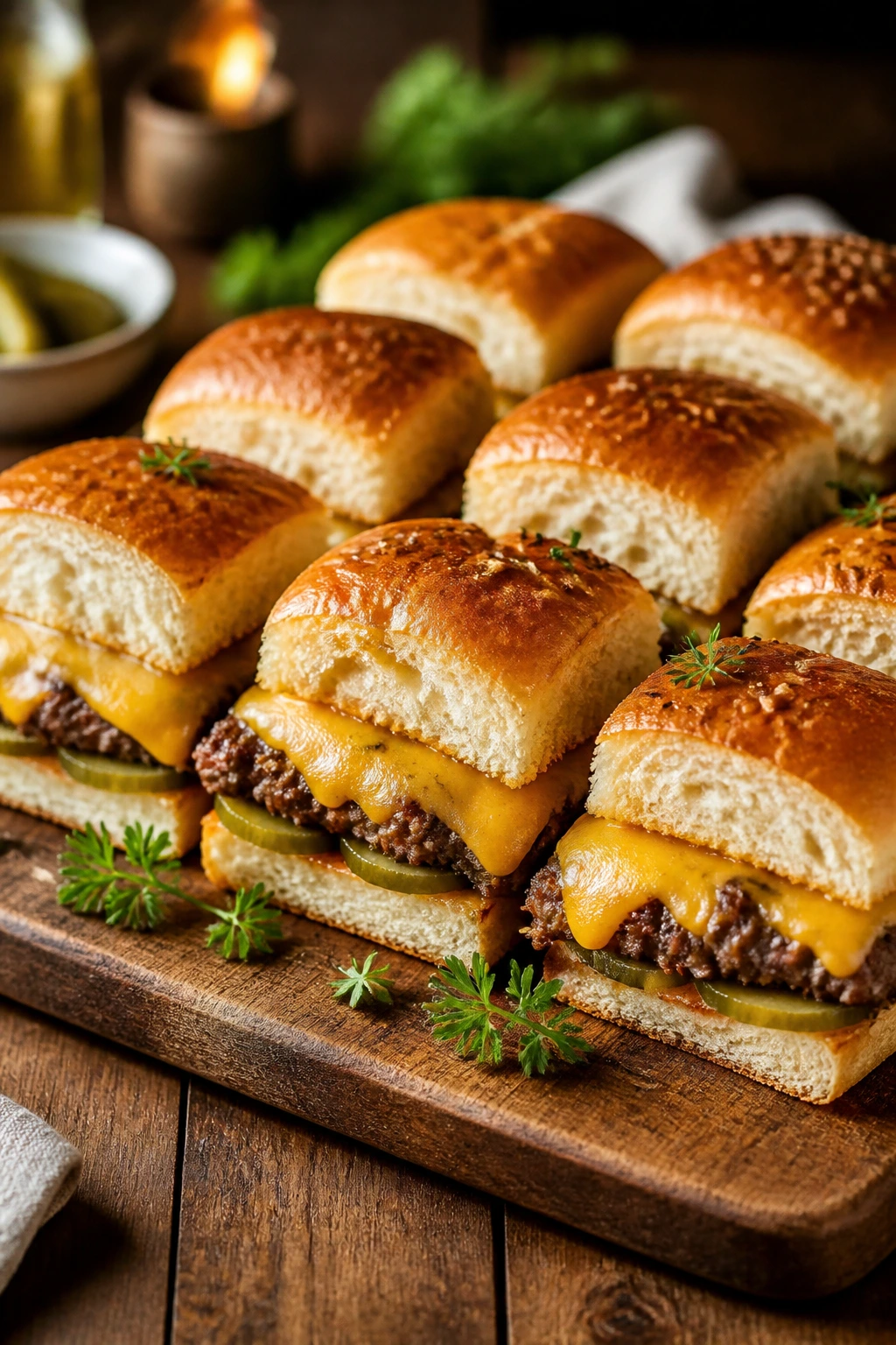 Neatly arranged slider halves on a serving board with melted cheese and garnish