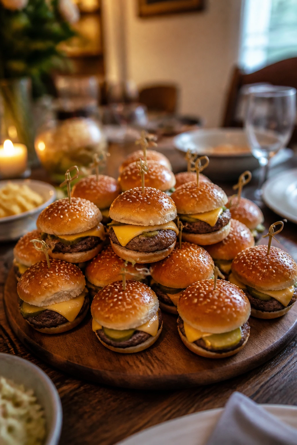 Serving platter with stacked mini sliders at table.