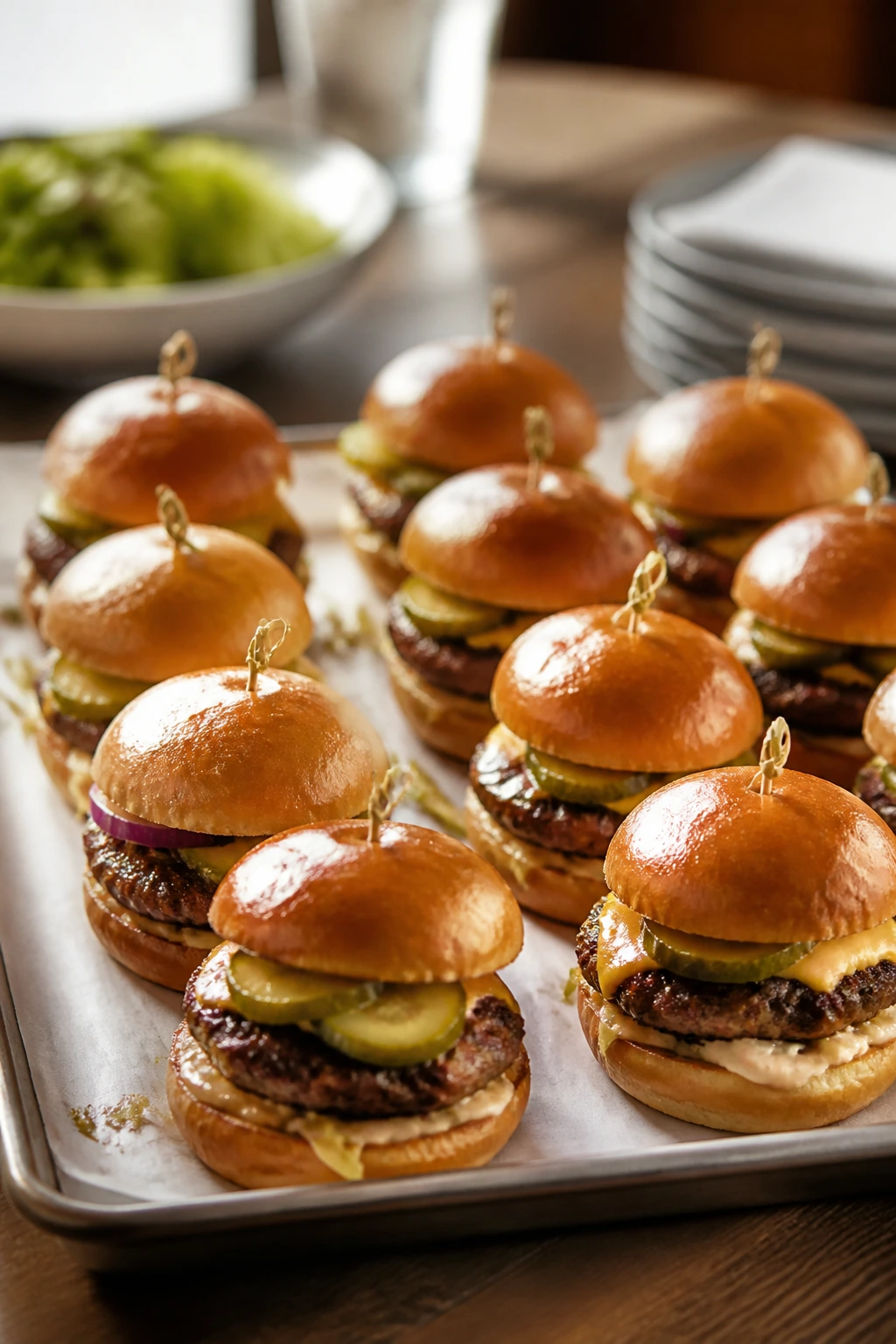 Tray of slider burgers ready to serve with toppings