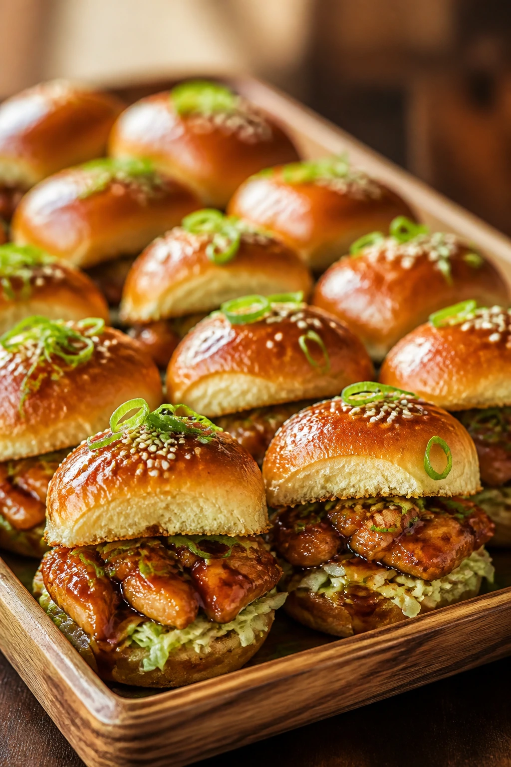 Tray of glossy teriyaki sliders arranged for serving with sesame seeds