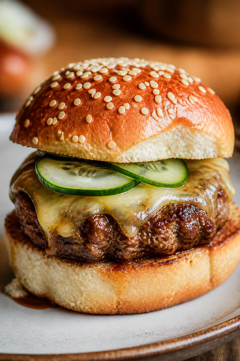 Close-up of Sesame-Soy Beef Sliders with sesame seeds and cucumber.