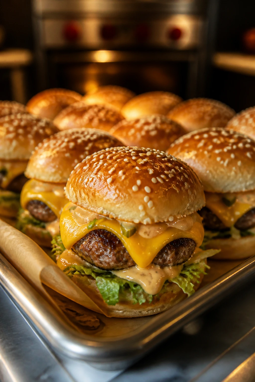 Close-up of Big Mac-Style Special Sauce Sliders on parchment-lined baking sheet