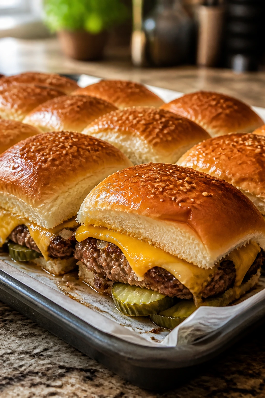 Row of sliders with melted cheese on a sheet pan in a warm kitchen