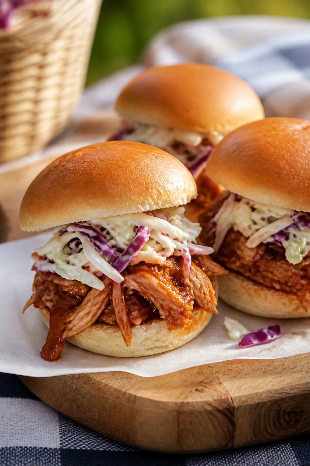 Close-up of BBQ pulled chicken sliders with slaw on a wooden board