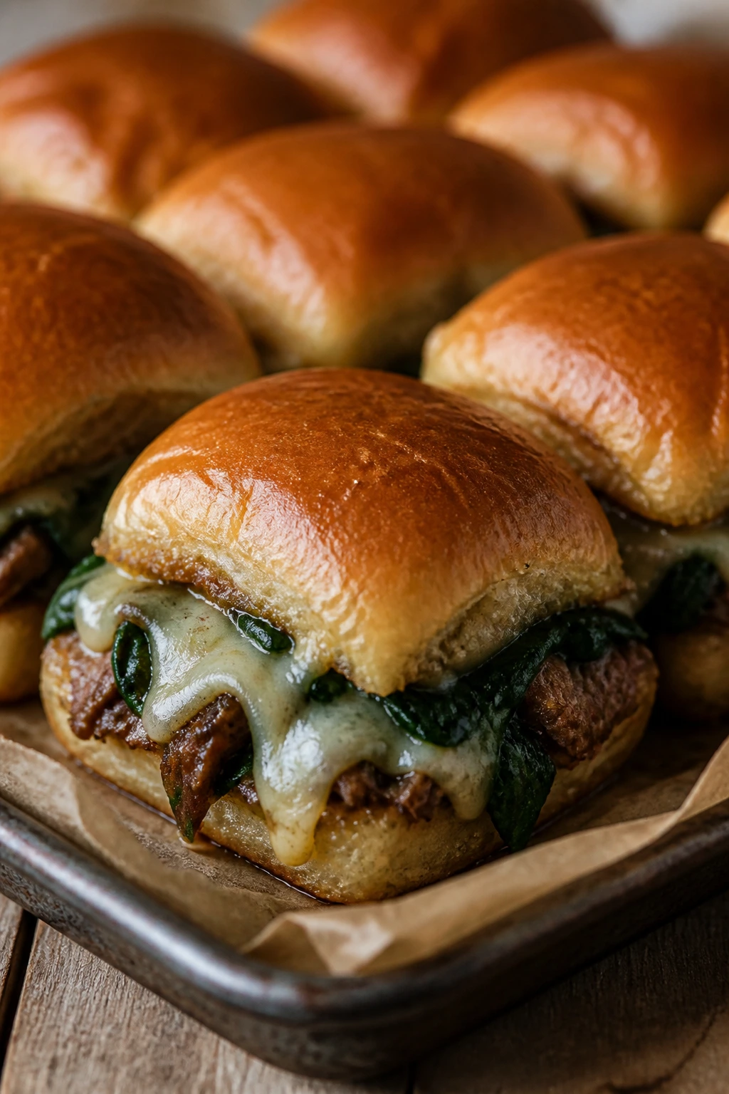 Close-up of spinach and fontina sliders with wilted greens