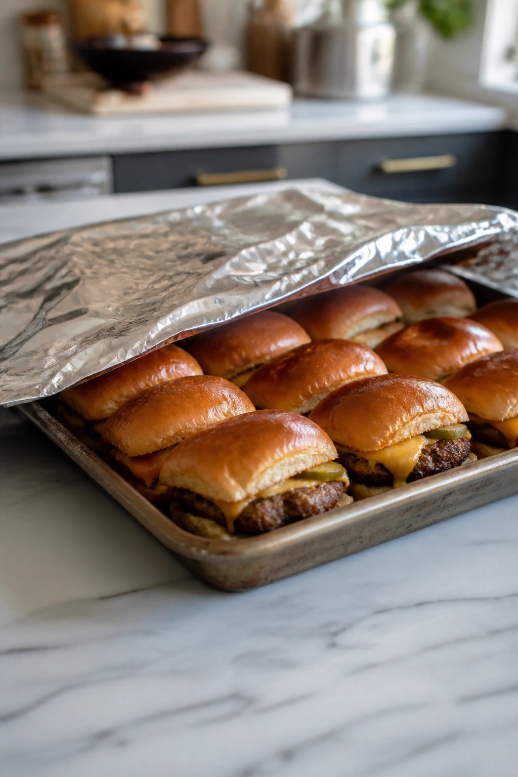 Tray of assembled sliders covered loosely with foil in a kitchen