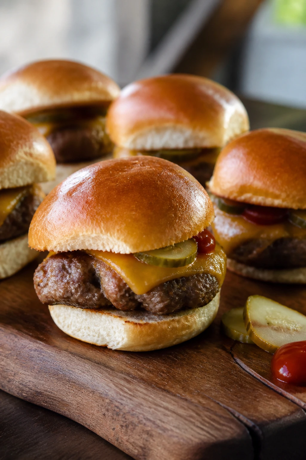 Close-up of beef sliders on a wooden board with small buns