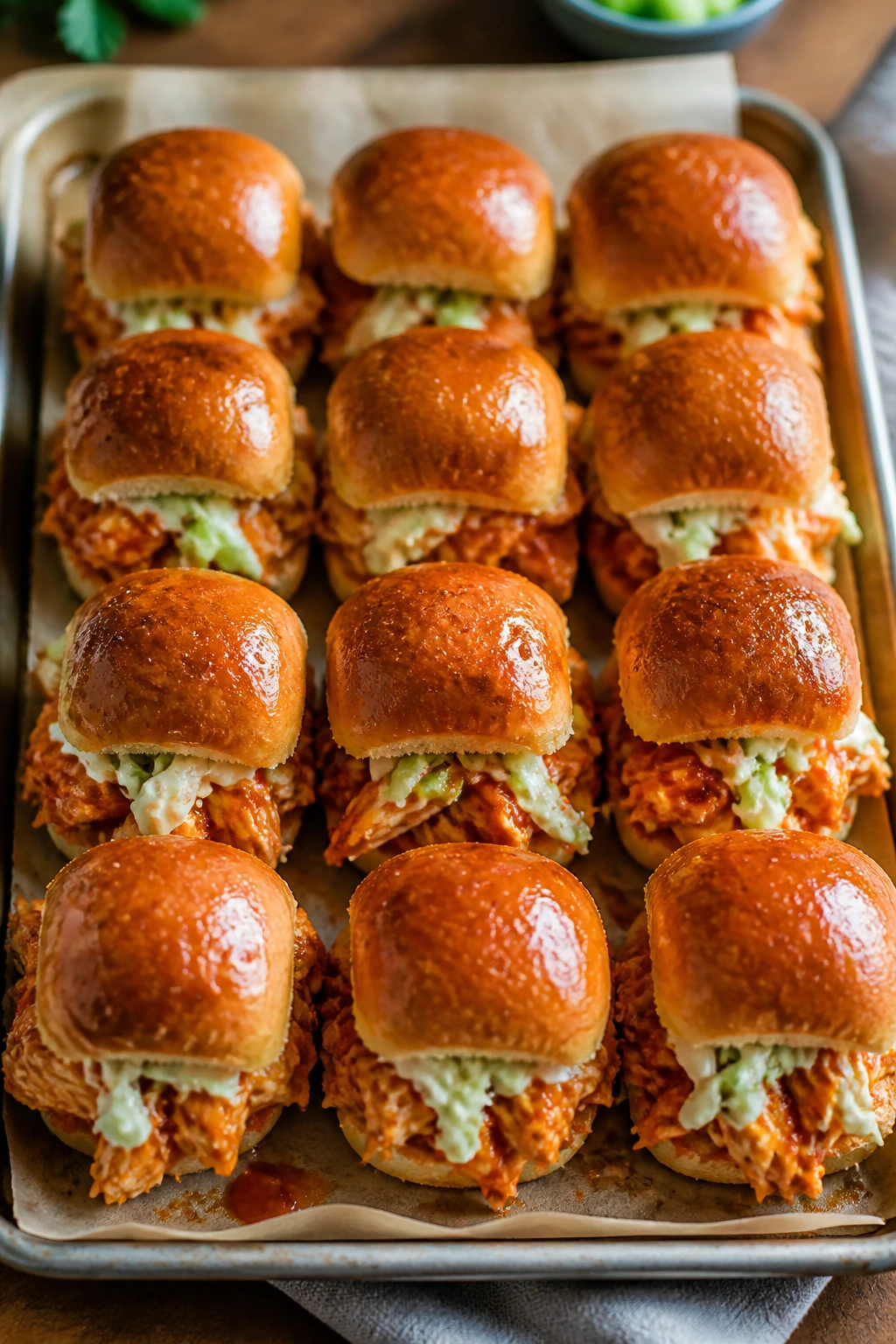 Tray of buffalo chicken sliders arranged on parchment