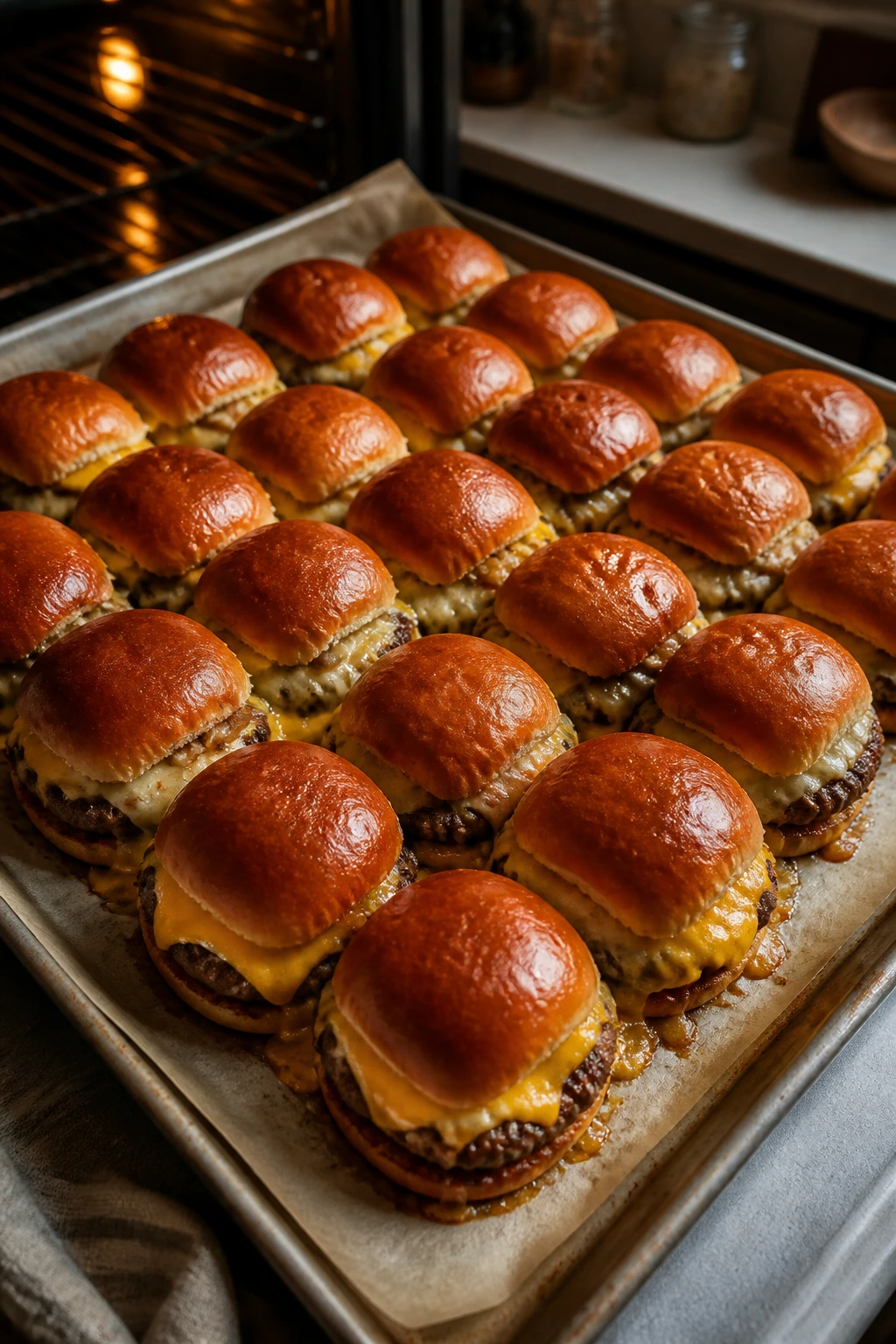 Close-up of a tray of cheeseburger sliders on a sheet pan in a warm kitchen