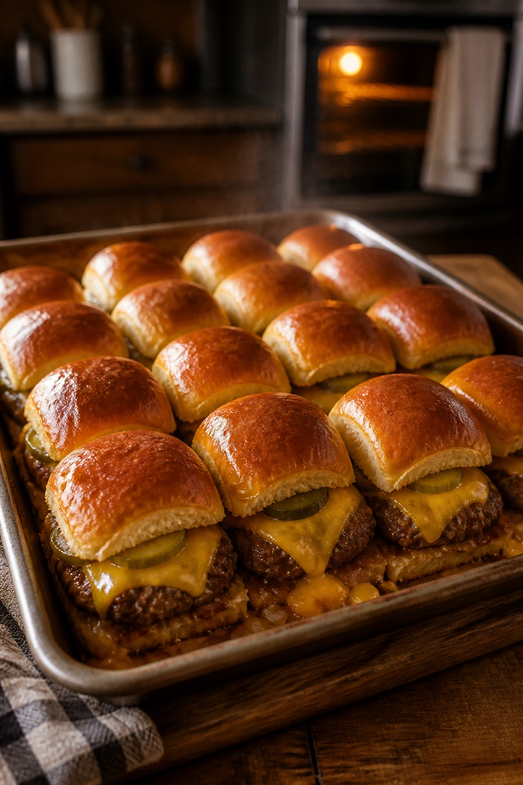 Tray of cheeseburger sliders fresh from the oven with melted cheese and golden buns
