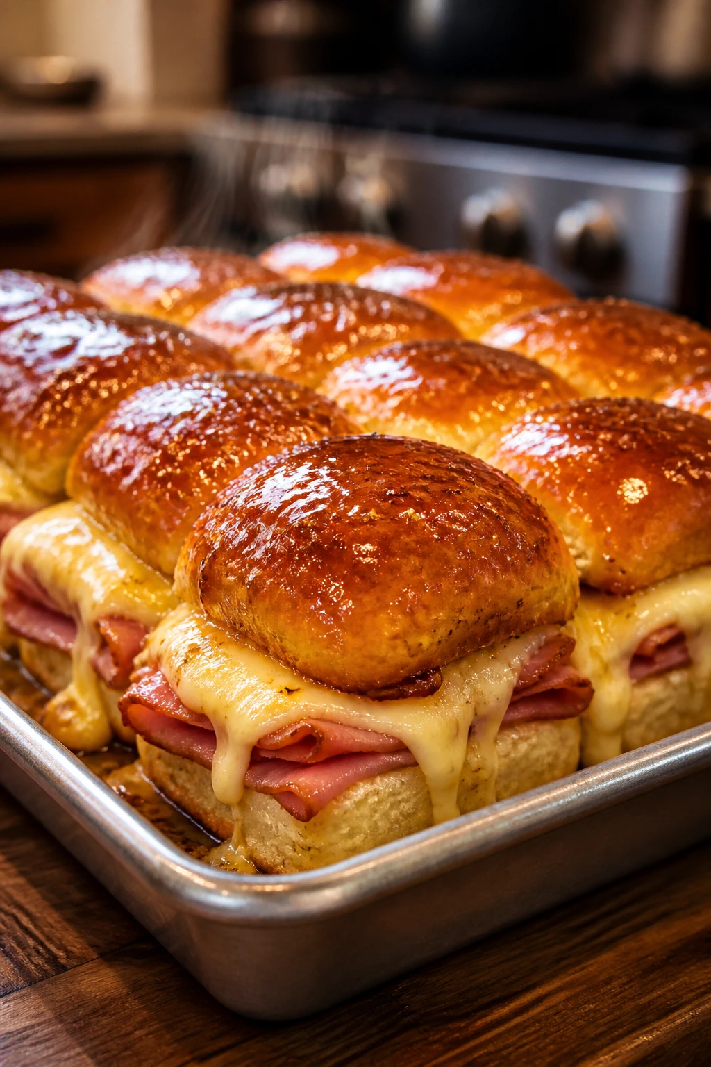 Tray of glazed smoky ham and cheese sliders on a baking tray
