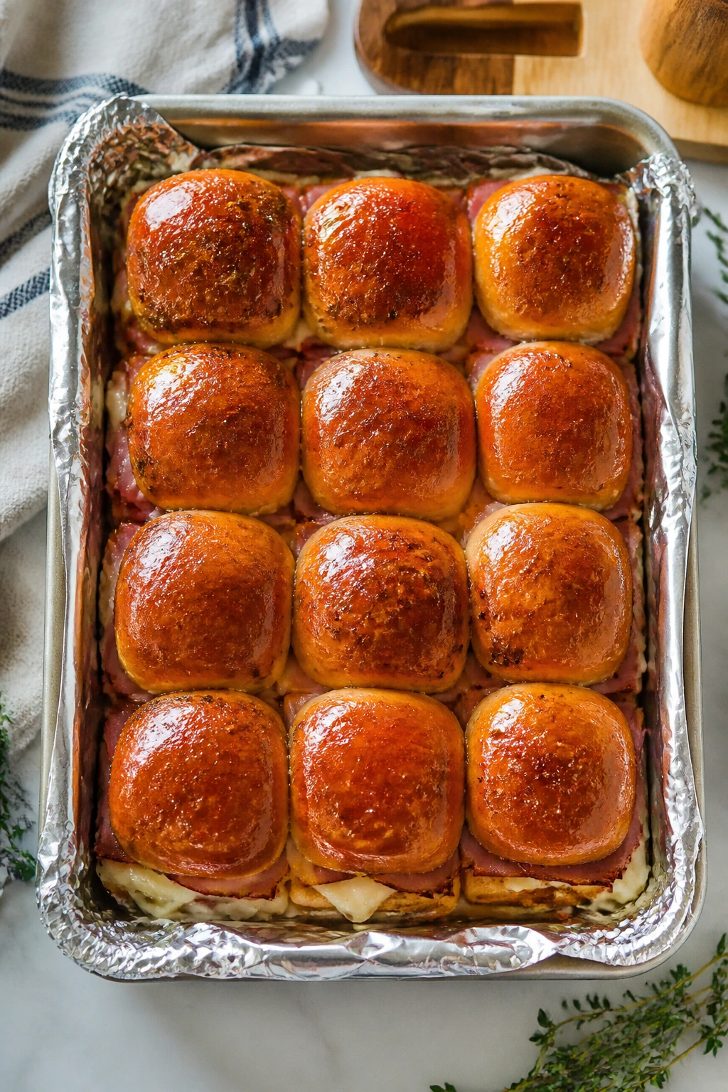 Top-down view of twelve sliders in a baking dish on a kitchen counter