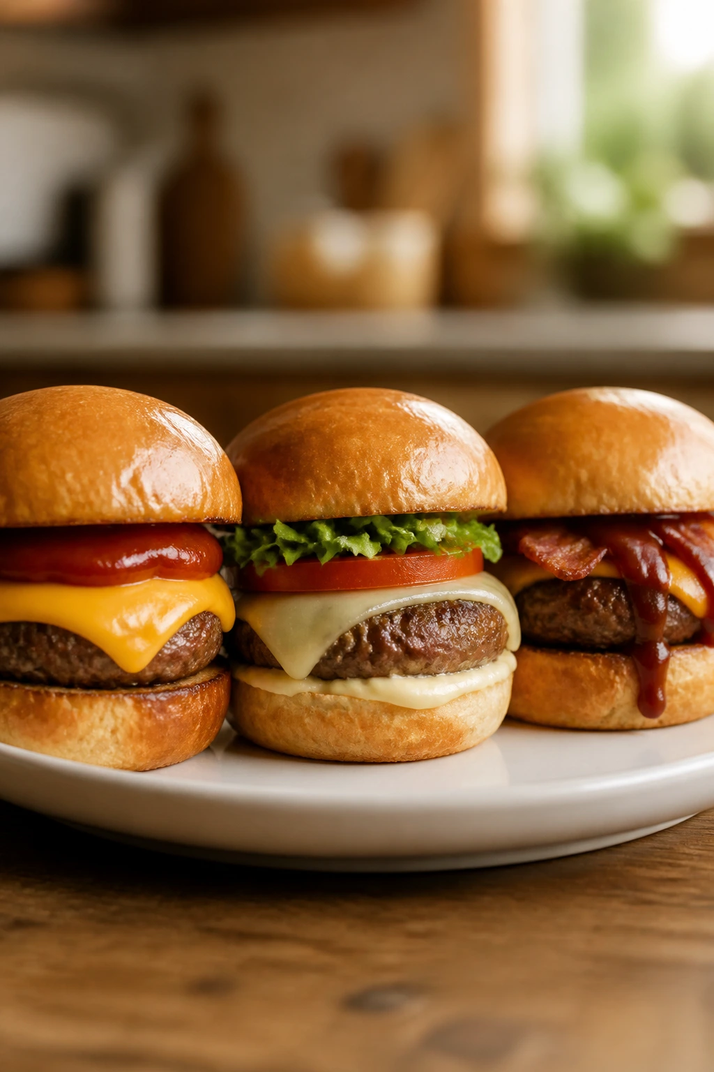 Three sliders with different toppings on a plate
