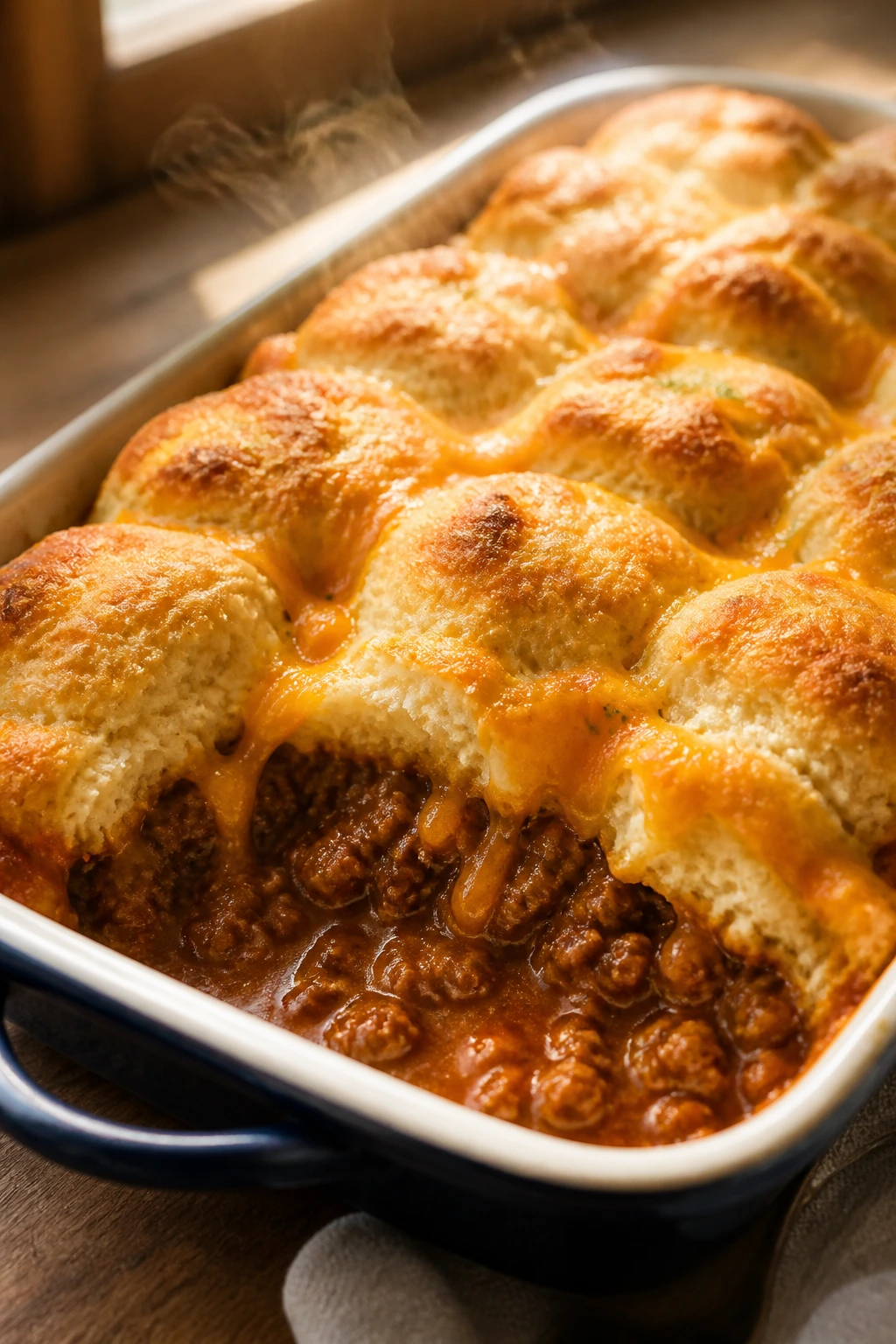 Close-up of Sloppy Joe Biscuit Bake with saucy filling and biscuit crust