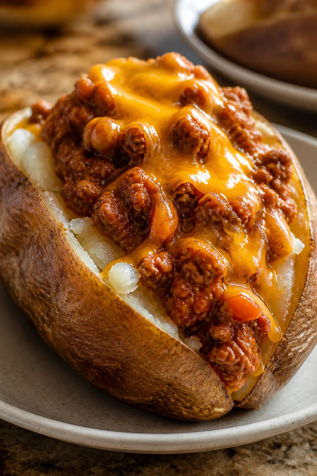 Close-up of sloppy joe stuffed baked potato with melted cheddar