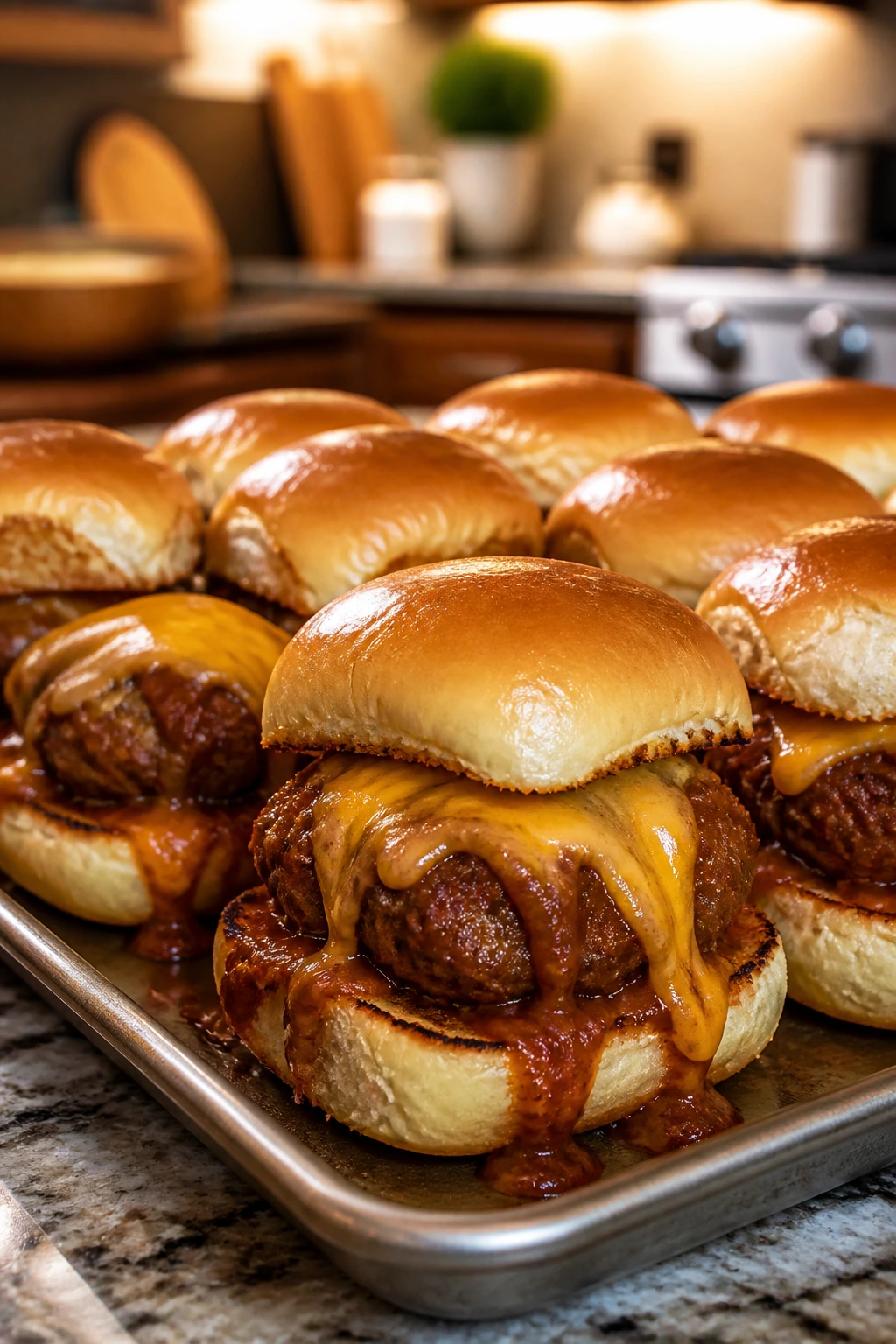 Close-up of sloppy joe meatball sliders with tomato sauce and cheddar cheese.