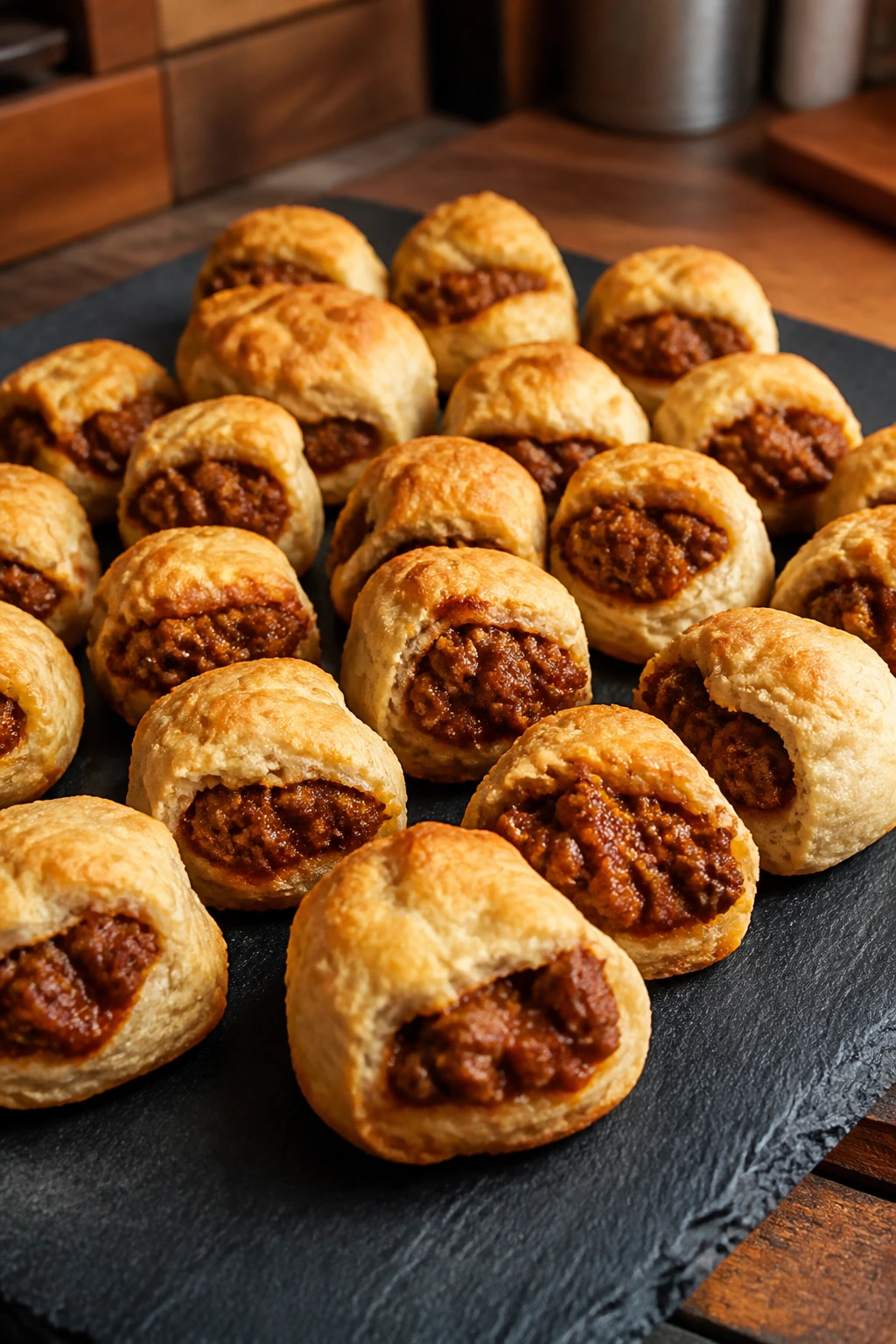 Close-up of sloppy joe biscuit bites on a slate board