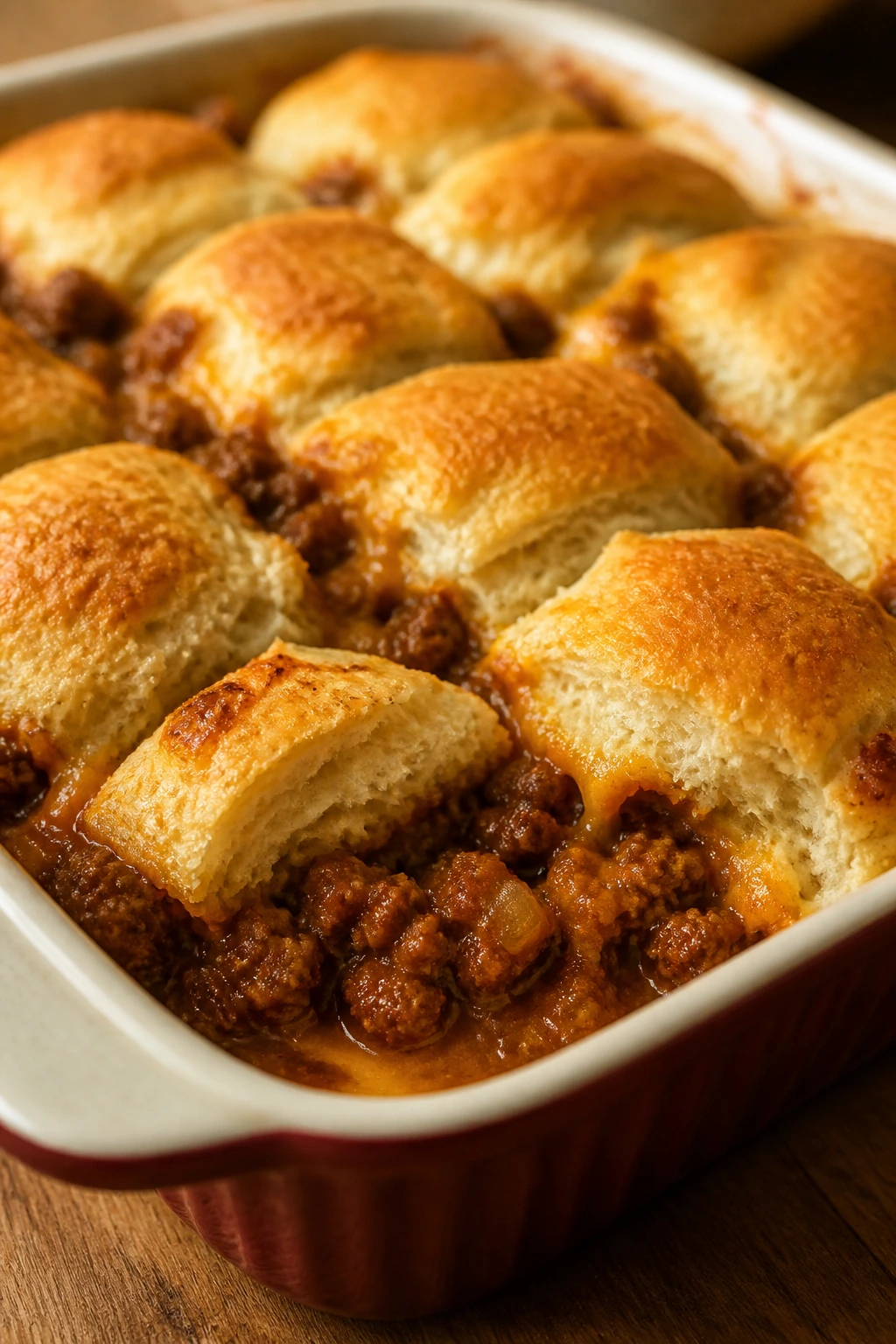 Saucy beef filling under a flaky biscuit topping in casserole.