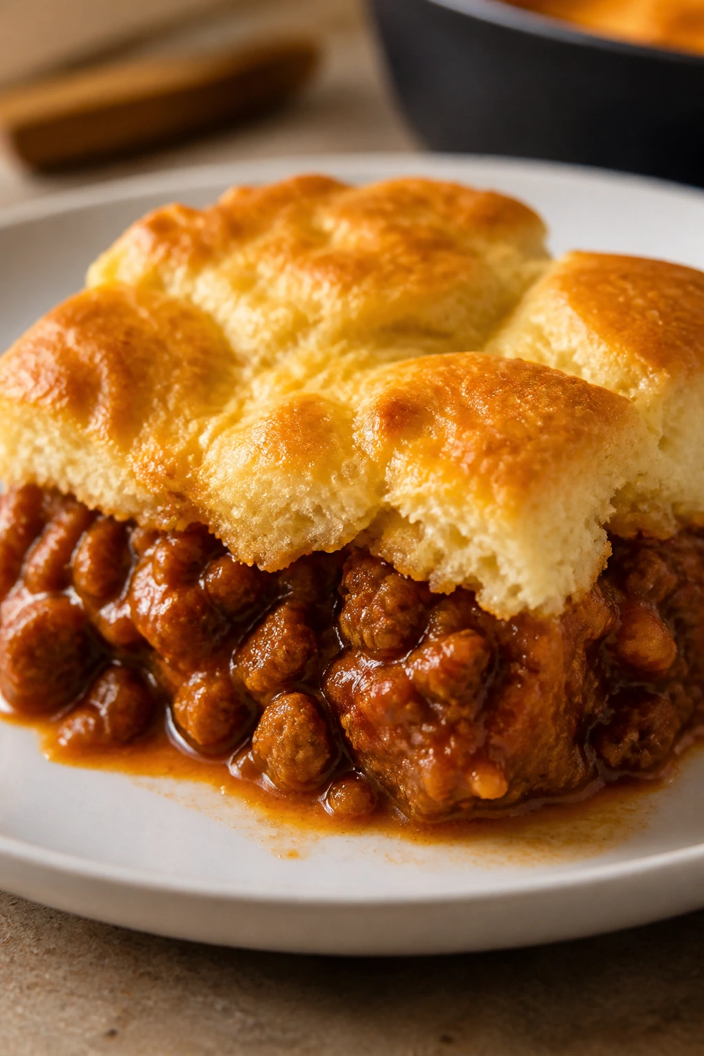 Close-up of a sloppy joe biscuit bake slice on a plate