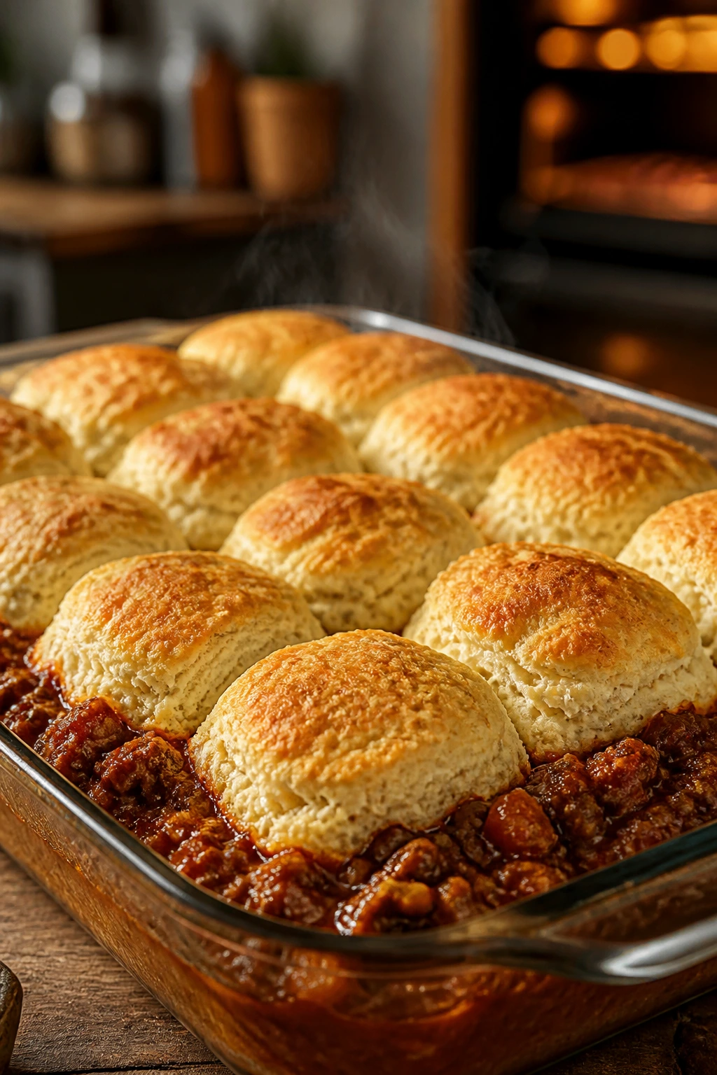 Sloppy Joe biscuit bake in a baking dish with golden top