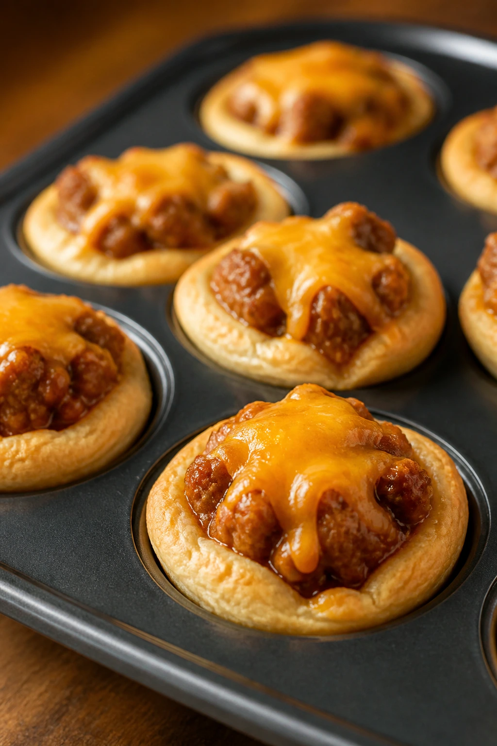 Close-up of sloppy joe biscuit bites in muffin cups