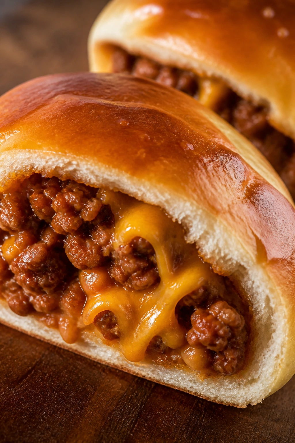 Halved sloppy joe stuffed bun showing saucy filling