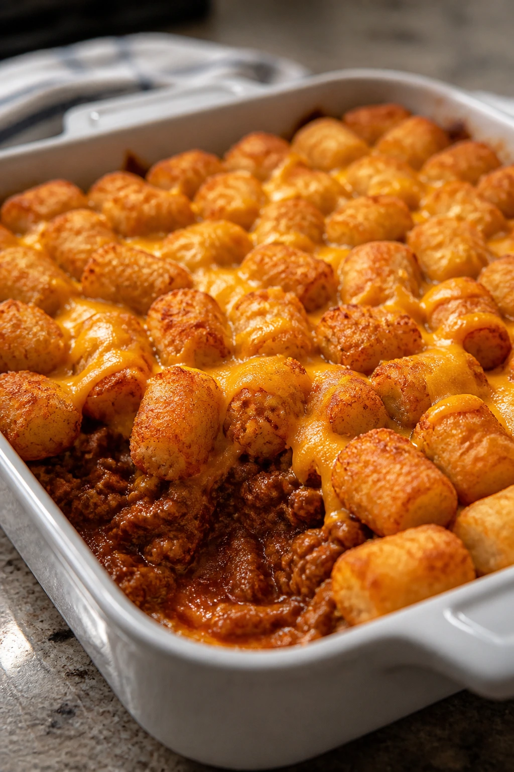Cheesy tater tot casserole with sloppy joe filling in a baking dish