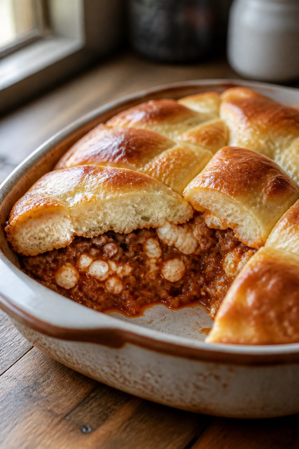 Close-up of a pull-apart sloppy joe crescent bake with cottage cheese filling
