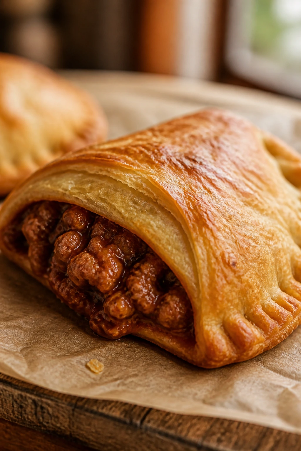 Close-up of a Sloppy Joe crescent roll hand pie showing flaky crust and saucy beef filling