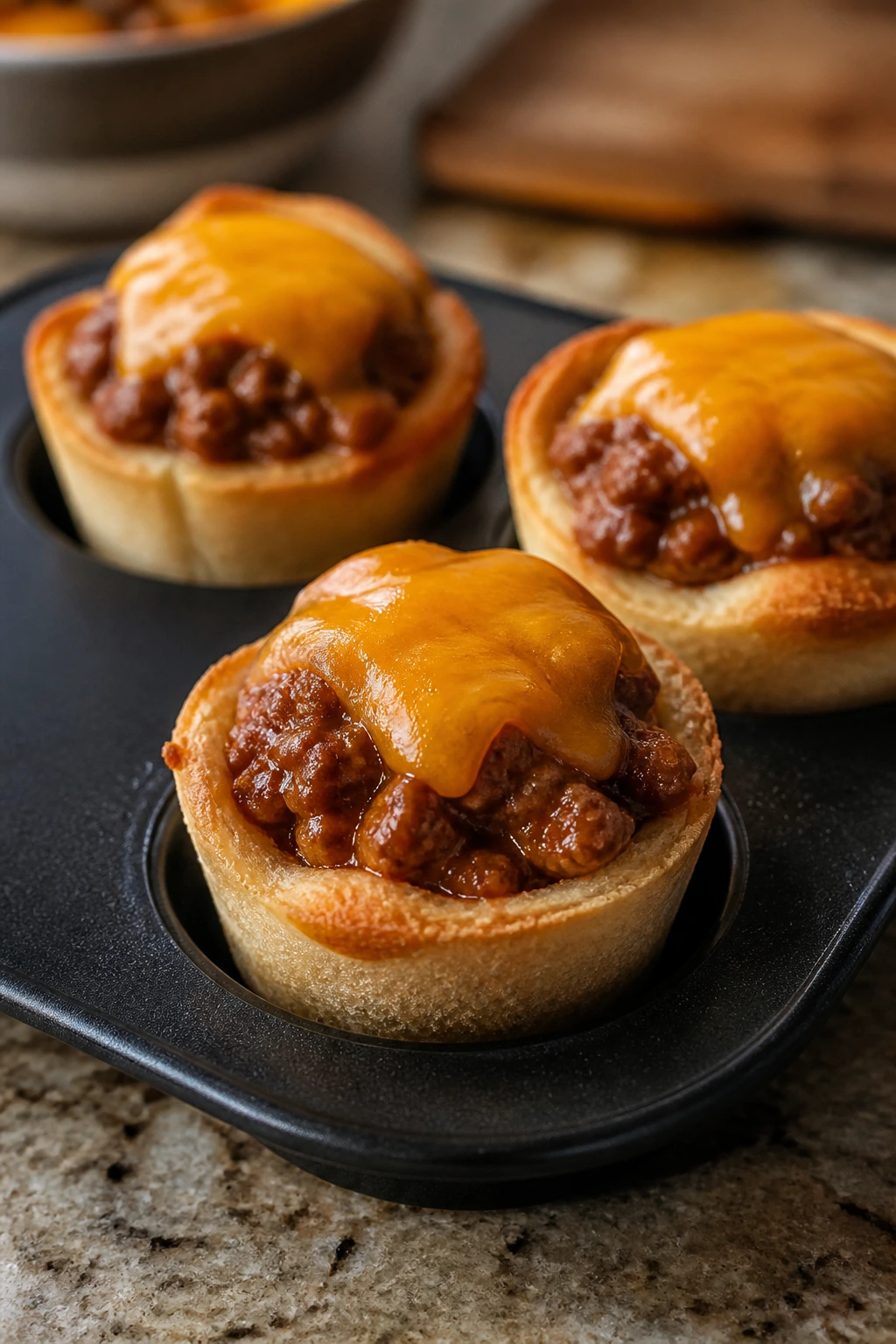 Close-up of sloppy joe sliders in muffin-tin cups