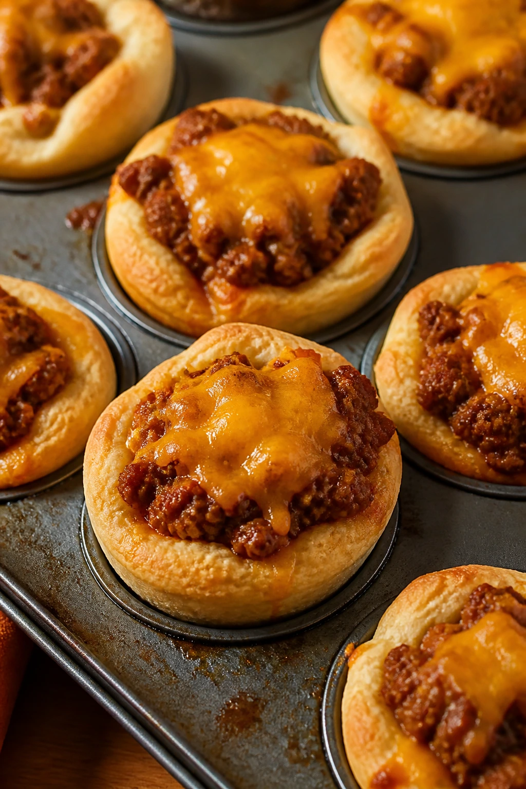 Sloppy Joe Cups baked in biscuit cups on a kitchen counter