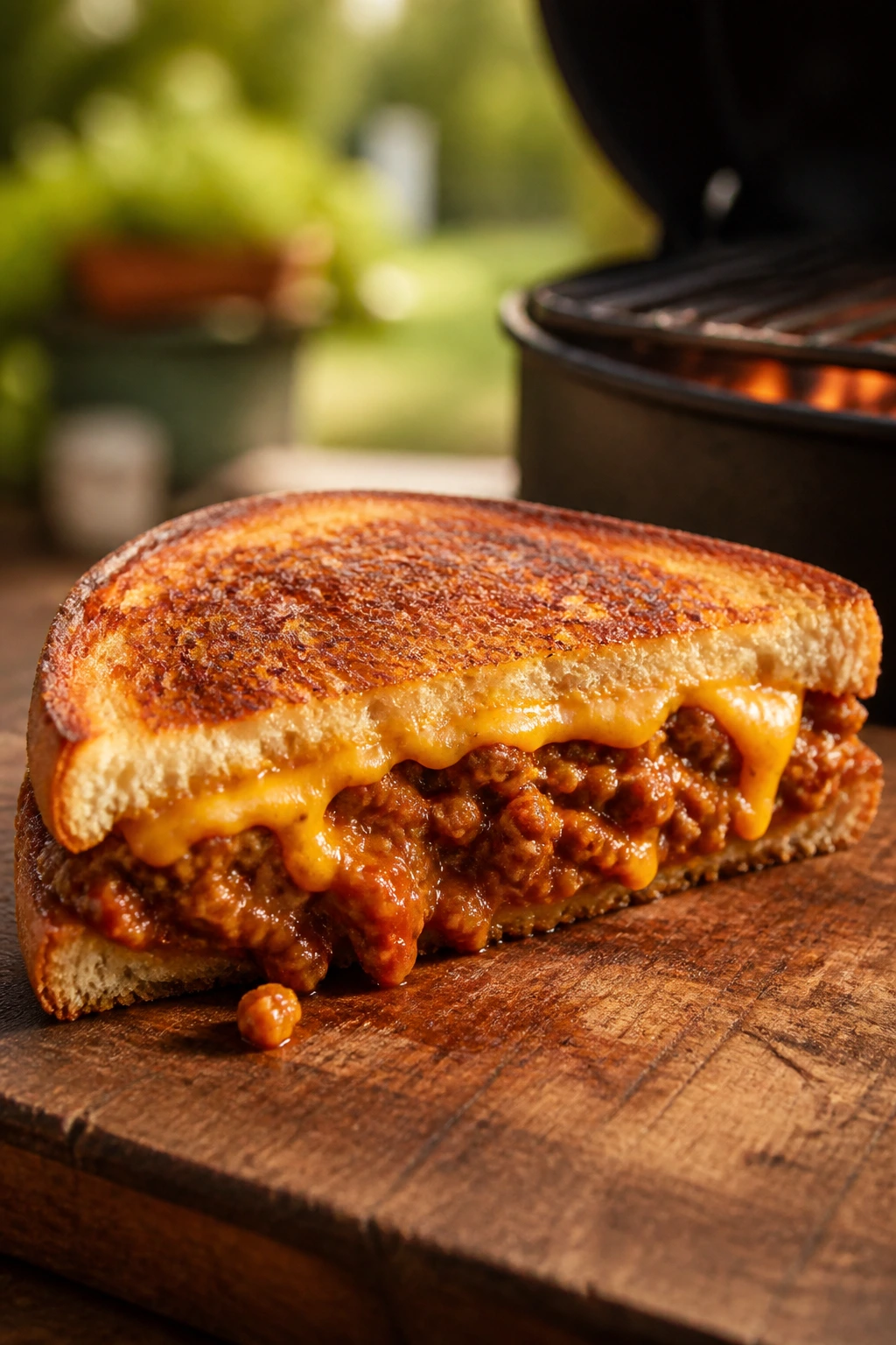 Close-up of Sloppy Joe Grilled Cheese sandwich with melted cheese and saucy beef
