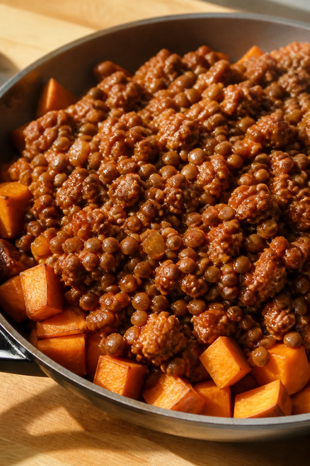 Close-up of sloppy joe lentil skillet over sweet potatoes in a pan.