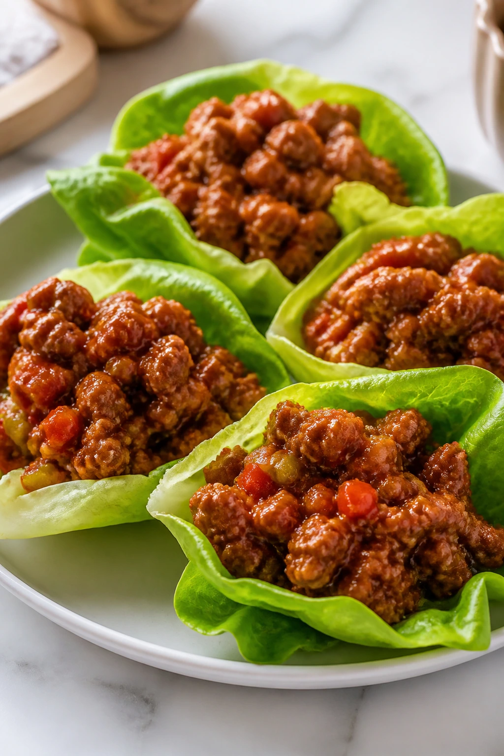 Lettuce wraps filled with sloppy joe turkey on a plate