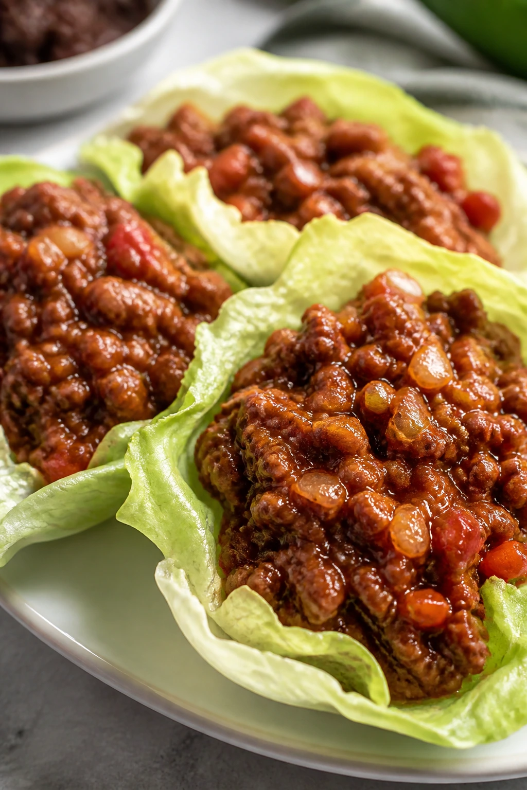 Close-up of Smoky Sloppy Joe Lettuce Wraps on a plate