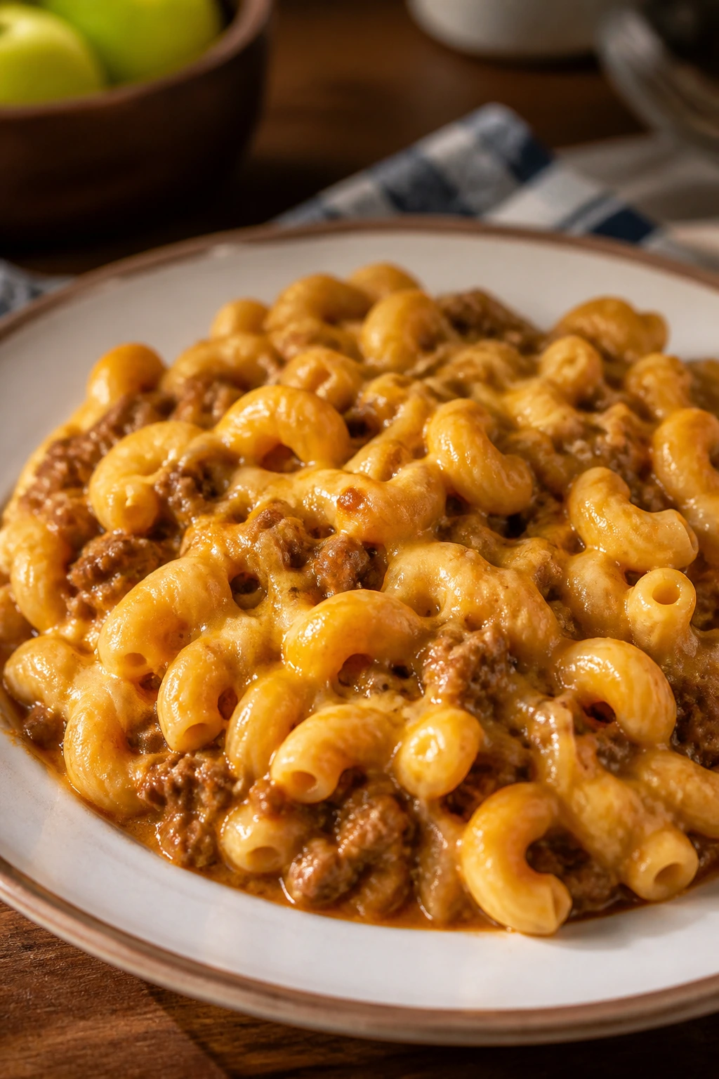 Creamy mac and cheese with sloppy joe sauce on top.